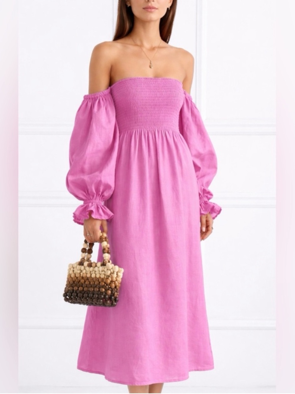 Sleeper Atlanta Smocked Midi Dress Pink Lilac 100% Linen Puff Sleeve XS $320